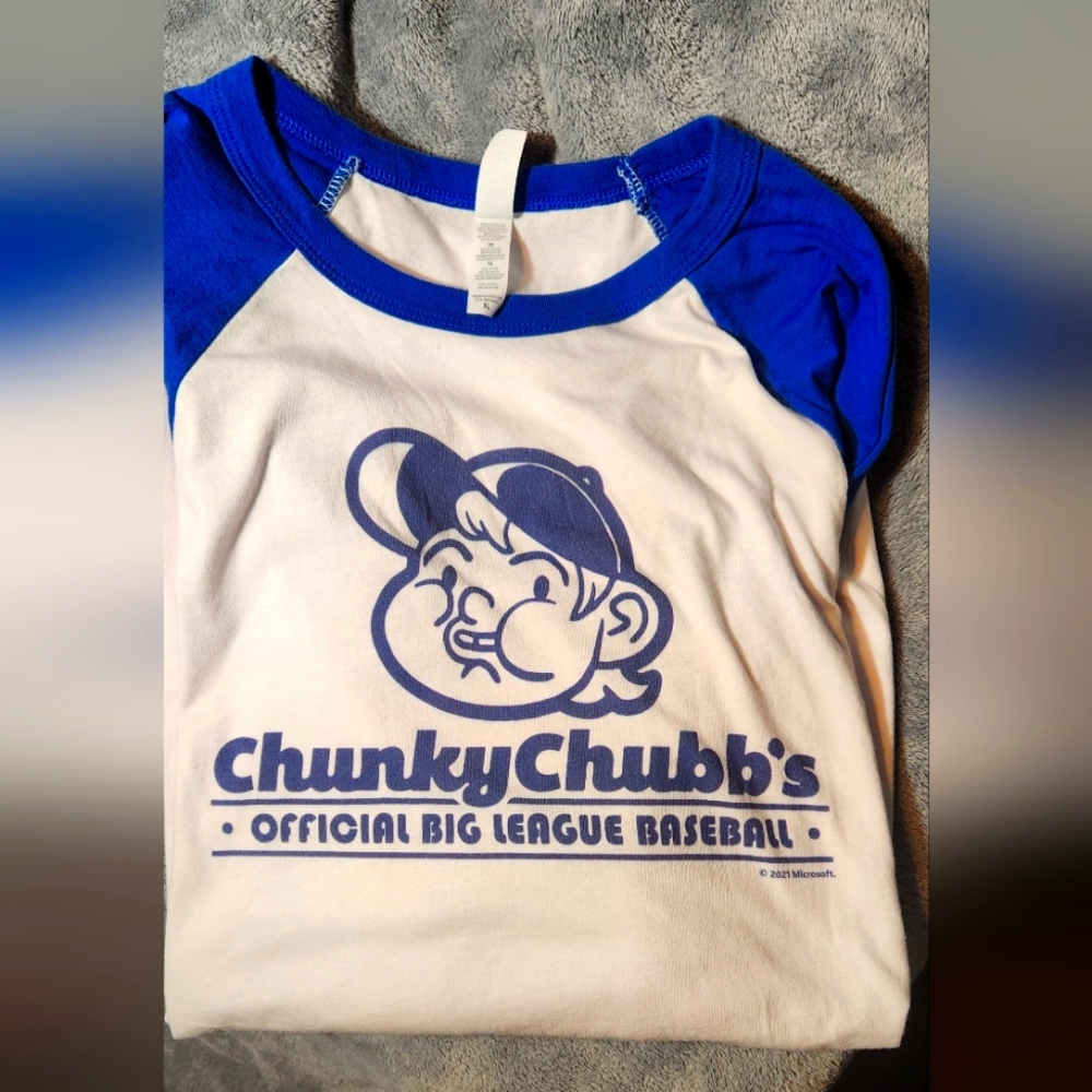Royal Blue Baseball Style Long Sleeve T "Chunky Chubb's" retro graphic